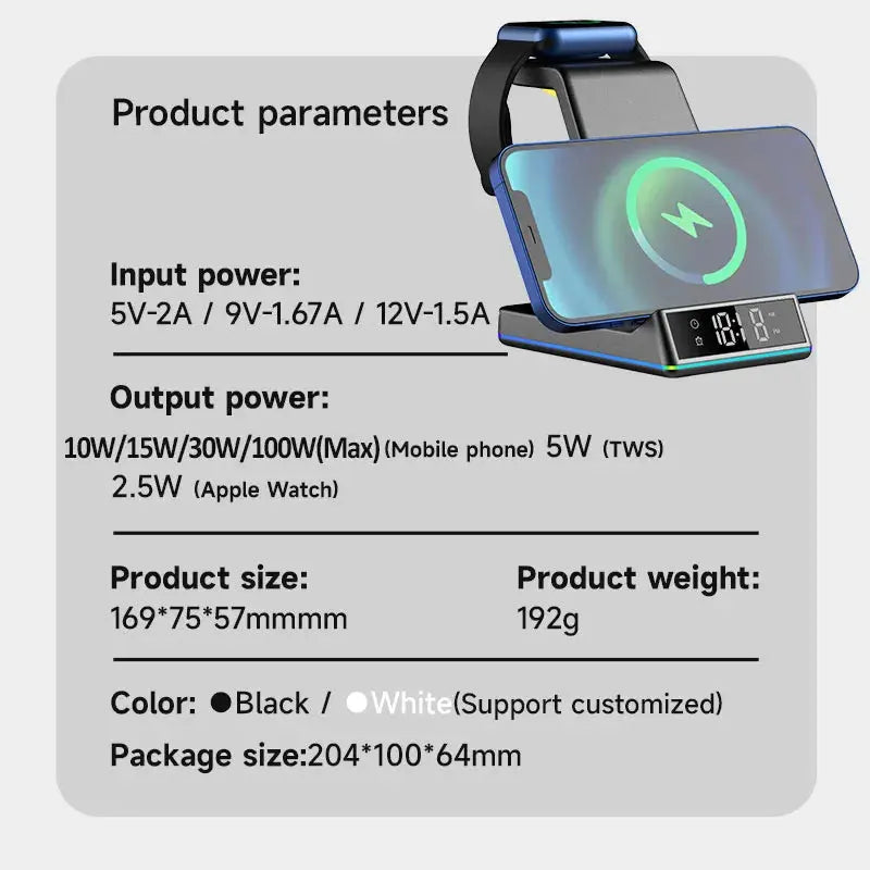 5 In 1 30W Foldable Wireless Charger Stand RGB Dock LED Clock Fast Charging Station for iPhone Samsung Galaxy Watch 5/4 S22 S21 Pinnacle Luxuries