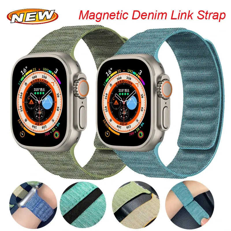 Denim Strap For Apple Watch Ultra Band 49mm 44mm 45mm 42mm Magnetic Loop Link Bracelet For iWatch 38 41 40mm SE 7 8 Sport Correa Pinnacle Luxuries