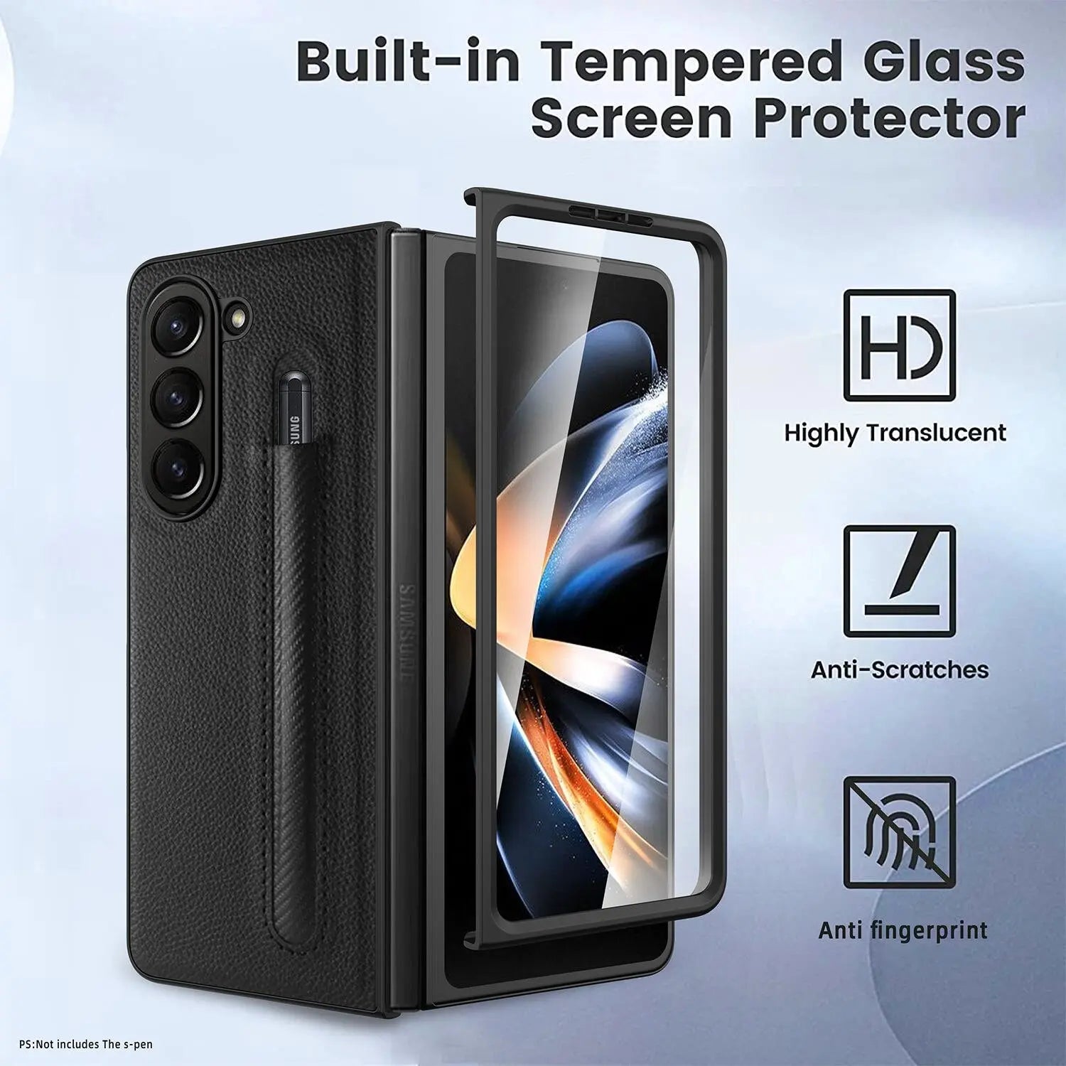 For Samsung Galaxy Z Fold 5 Lychee Leather Case Business with S-Pen Slot & Built-in Tempered Glass Folding Protection Cover Pinnacle Luxuries