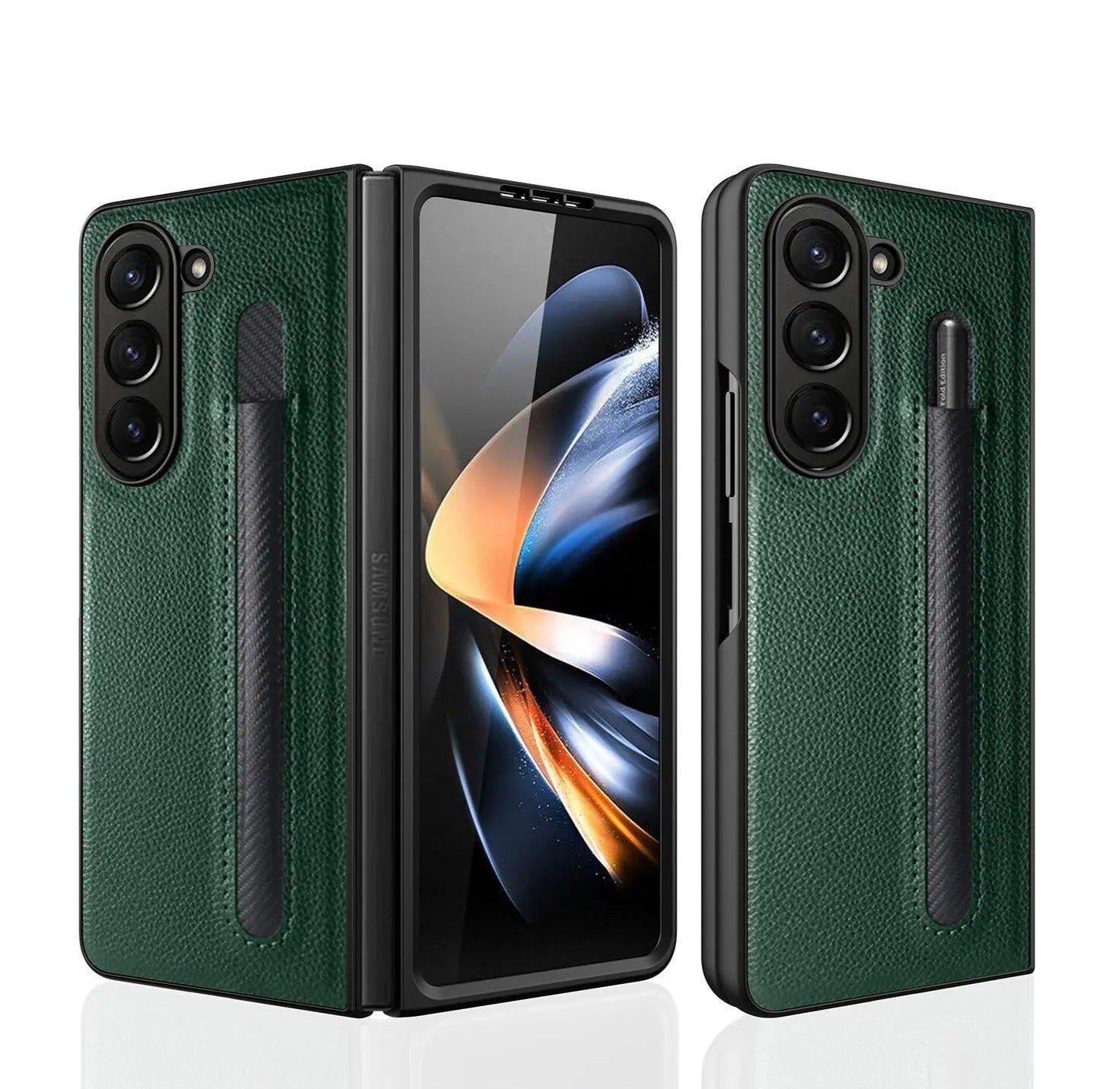 For Samsung Galaxy Z Fold 5 Lychee Leather Case Business with S-Pen Slot & Built-in Tempered Glass Folding Protection Cover Pinnacle Luxuries