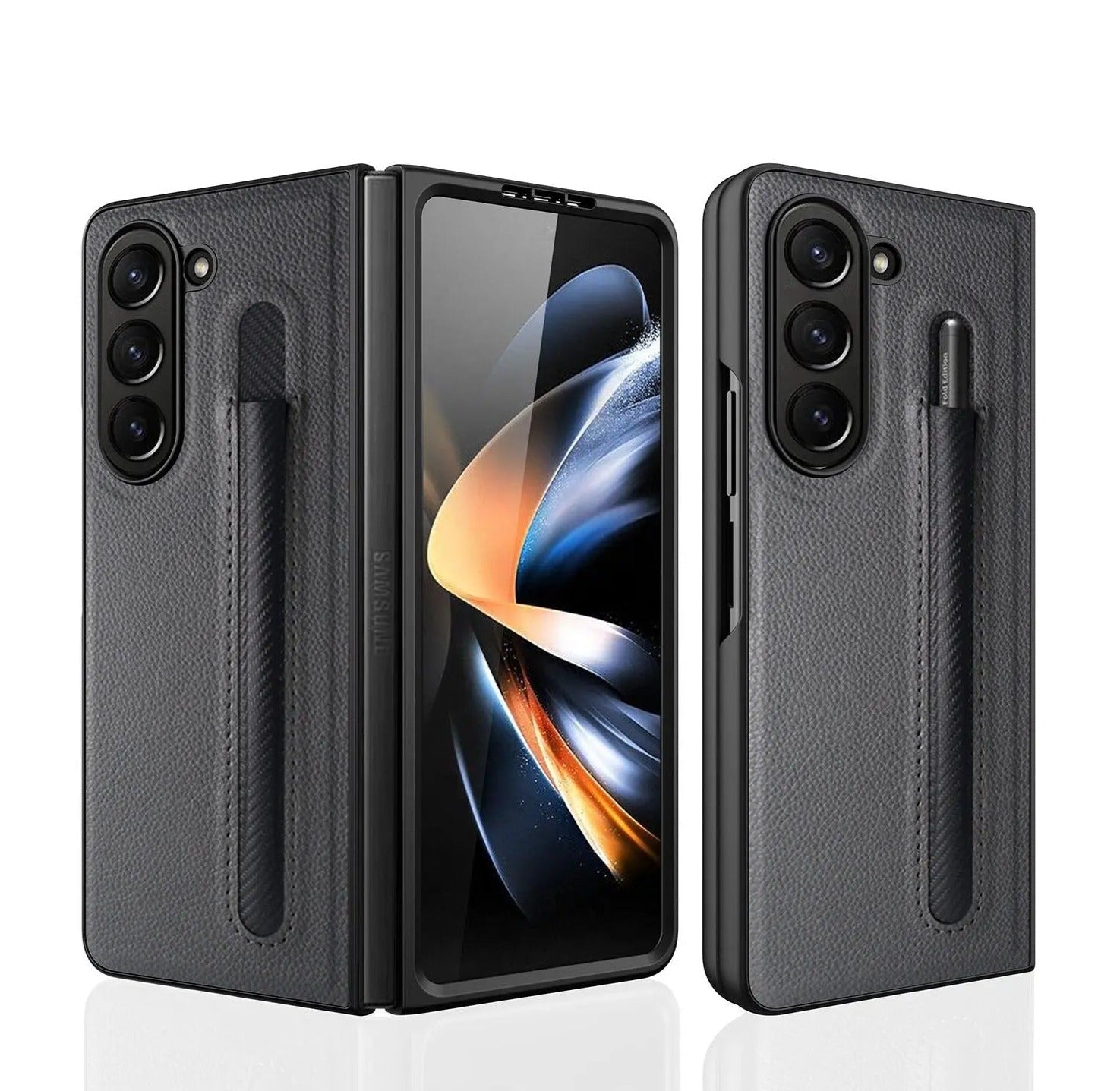 For Samsung Galaxy Z Fold 5 Lychee Leather Case Business with S-Pen Slot & Built-in Tempered Glass Folding Protection Cover Pinnacle Luxuries