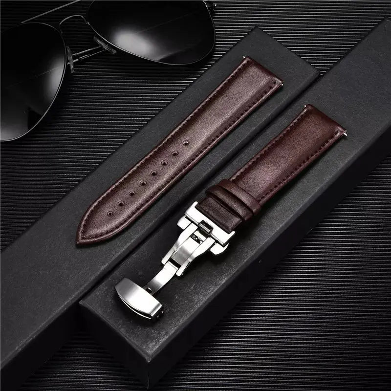 Smooth Genuine Calfskin Leather Watchband 18mm 20mm 22mm 24mm Straps with Solid Automatic Butterfly Buckle Business Watch Band Pinnacle Luxuries