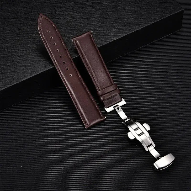 Smooth Genuine Calfskin Leather Watchband 18mm 20mm 22mm 24mm Straps with Solid Automatic Butterfly Buckle Business Watch Band Pinnacle Luxuries