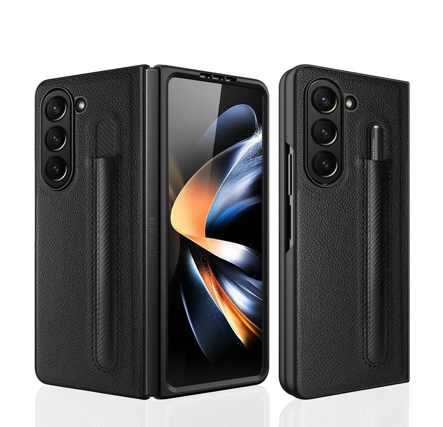 For Samsung Galaxy Z Fold 5 Lychee Leather Case Business with S-Pen Slot & Built-in Tempered Glass Folding Protection Cover Pinnacle Luxuries